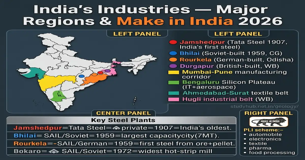 India Industries Major Industrial Regions Iron Steel Cotton Textiles Make in India UPSC 2026
