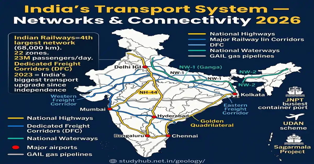 India's Transport System β Roadways, Railways, Waterways, Airways & Pipelines 2026 India Transport System Roadways Railways Waterways Airways UPSC 2026