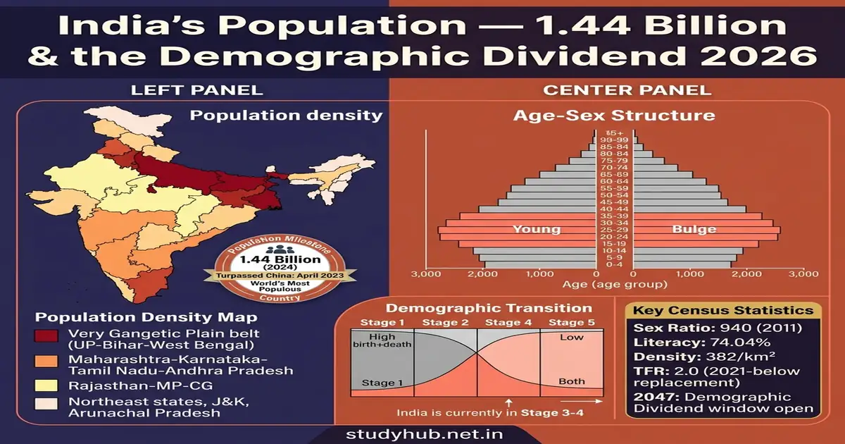 India's Population — Distribution, Density, Growth & Demographic Dividend 2026 India Population Distribution Density Growth Demographic Dividend UPSC 2026