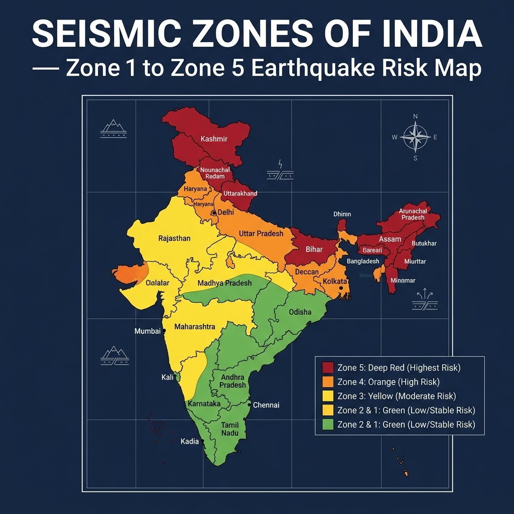 Seismic Zones of India - Zone 1 to Zone 5 Earthquake Risk Map