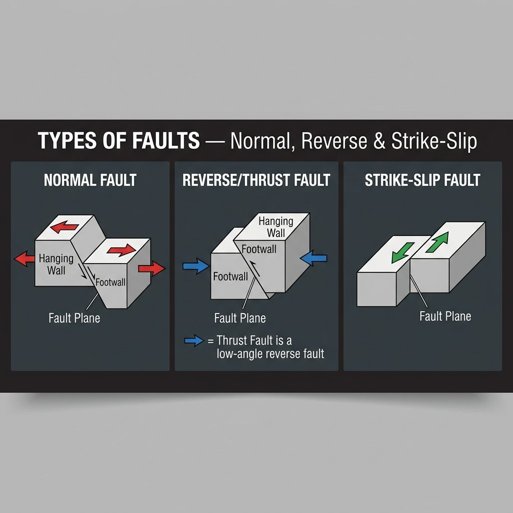 Types of Faults — Normal, Reverse, Strike-Slip & Thrust Faults Explained 2026 Types of Faults in Geology - Normal, Reverse, Strike-Slip and Thrust Faults Explained