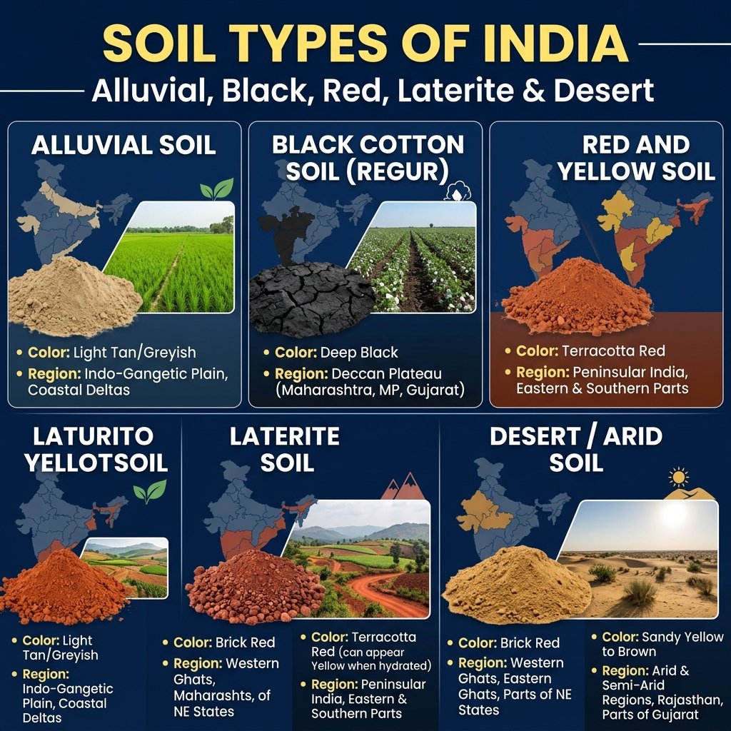 Soil Types of India — Alluvial, Black, Red, Laterite, Desert & Mountain Soils 2026 Soil Types of India - Alluvial Black Red Laterite Desert Mountain Soils