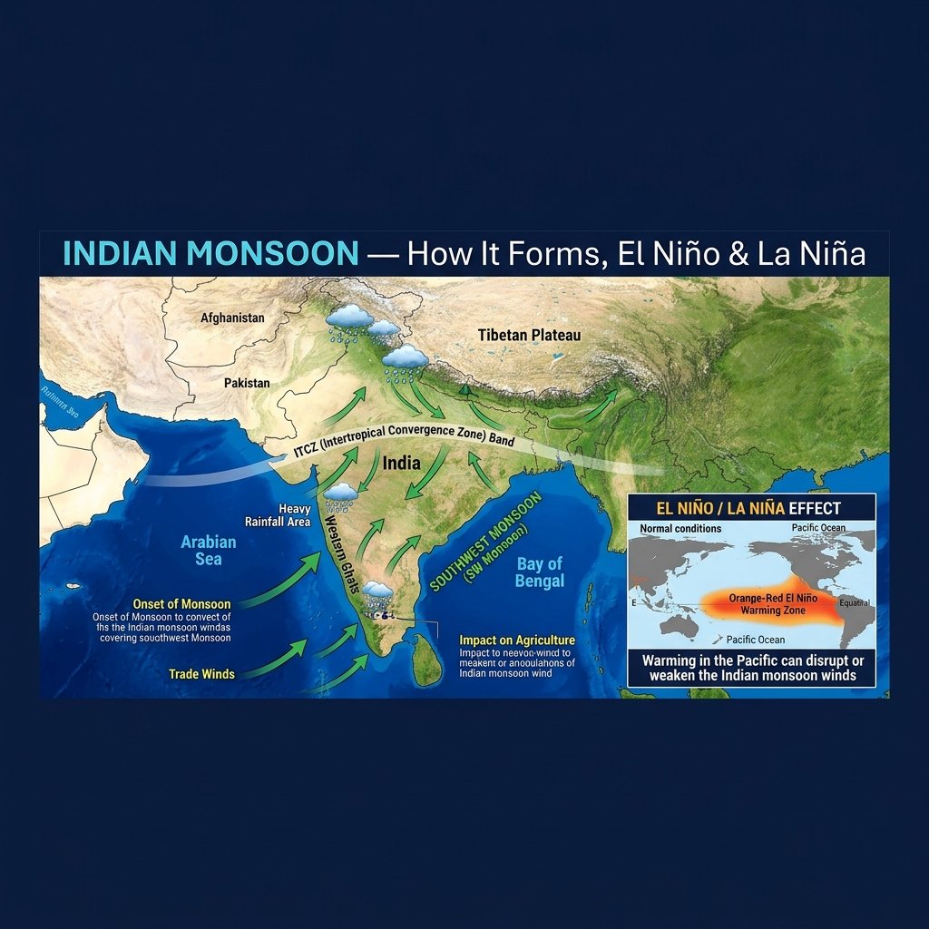 Indian Monsoon — How It Forms, Southwest & Northeast Monsoon, El Niño & La Niña 2026 Indian Monsoon - How It Forms, Southwest Northeast Monsoon, El Nino La Nina Effect