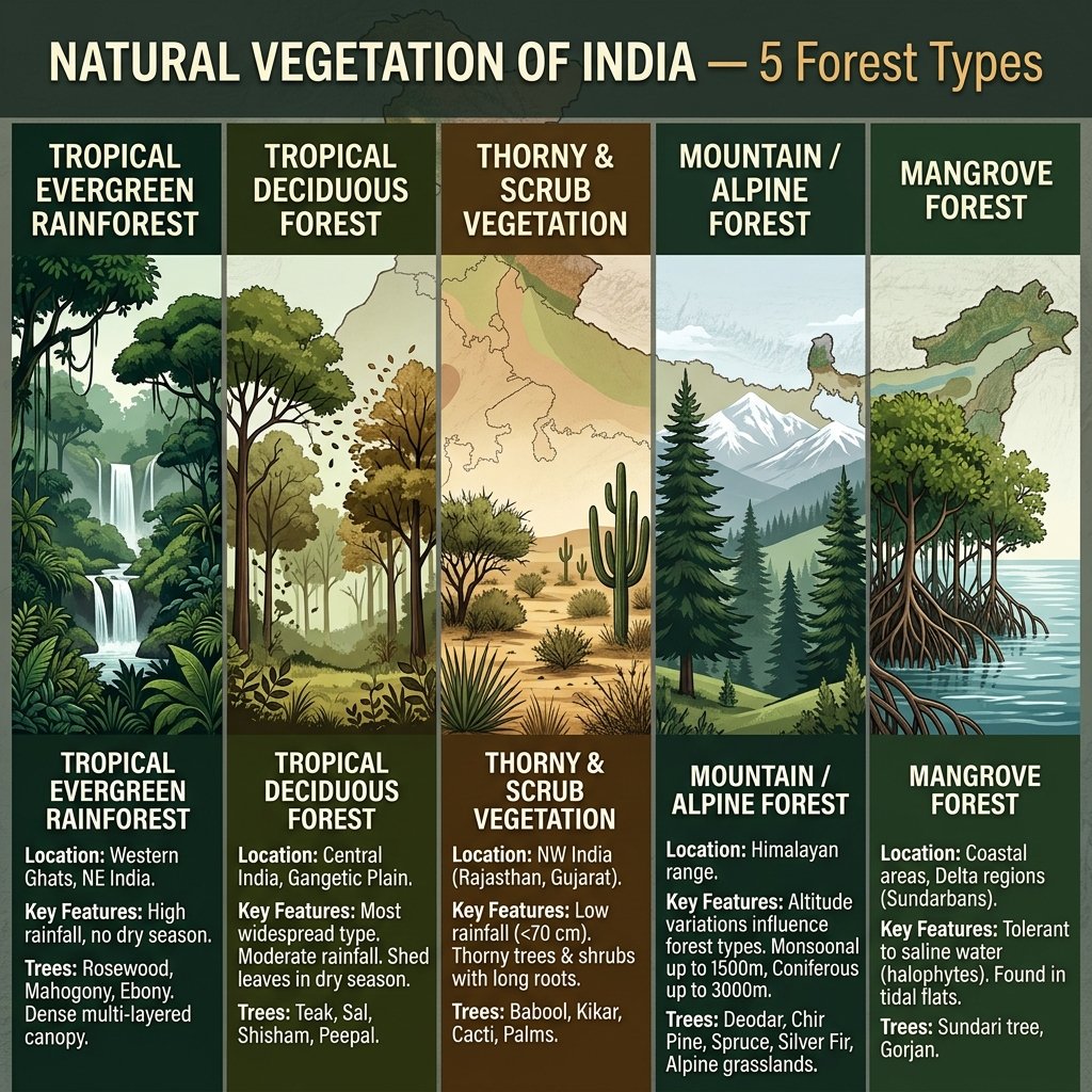 Natural Vegetation of India - Tropical Rainforest Deciduous Thorny Mountain Mangrove Forest Types