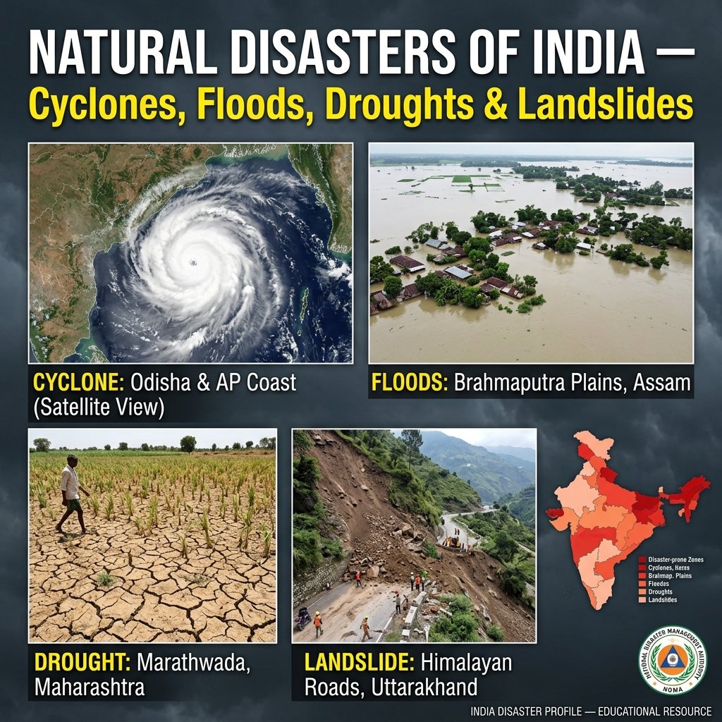 Natural Disasters in India - Cyclones Floods Droughts Landslides NDMA Disaster Management