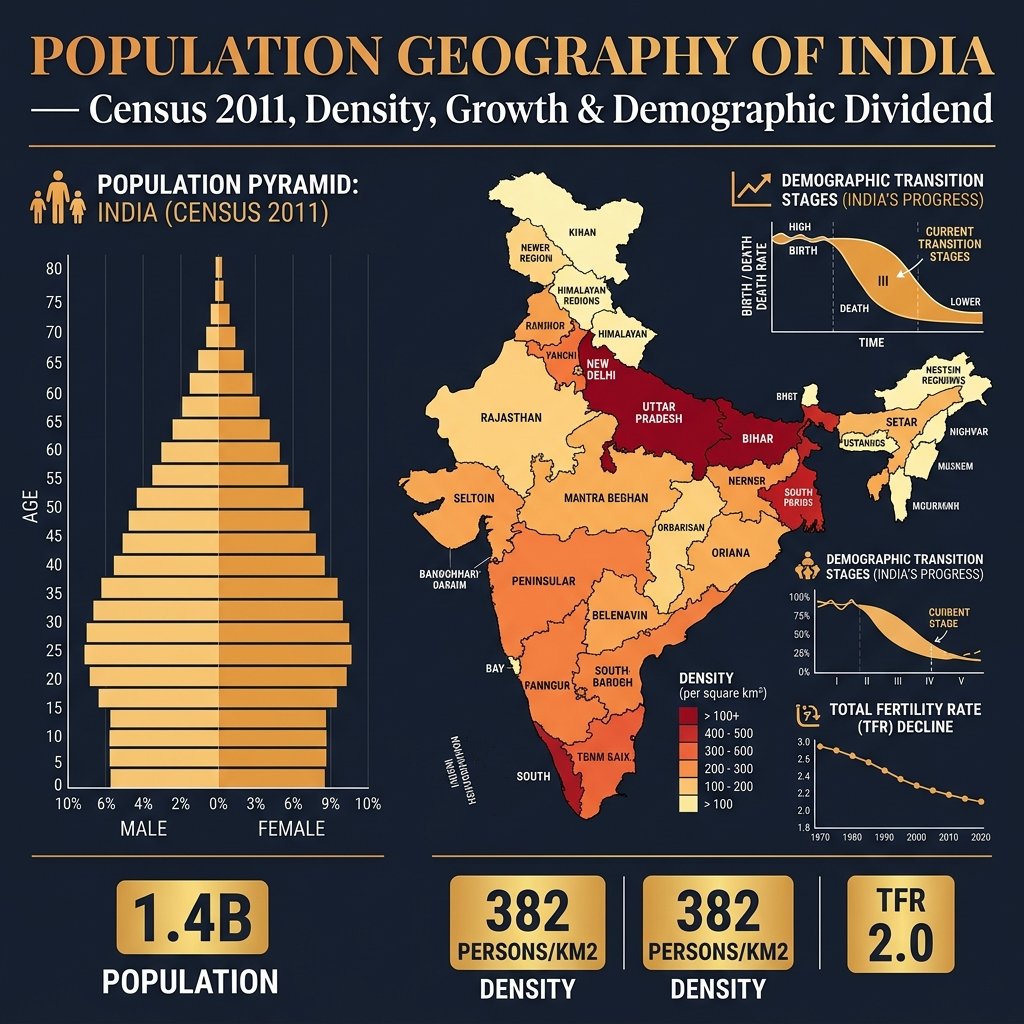 Population Geography India - Census 2011 Density Growth Rate Demographic Transition Dividend
