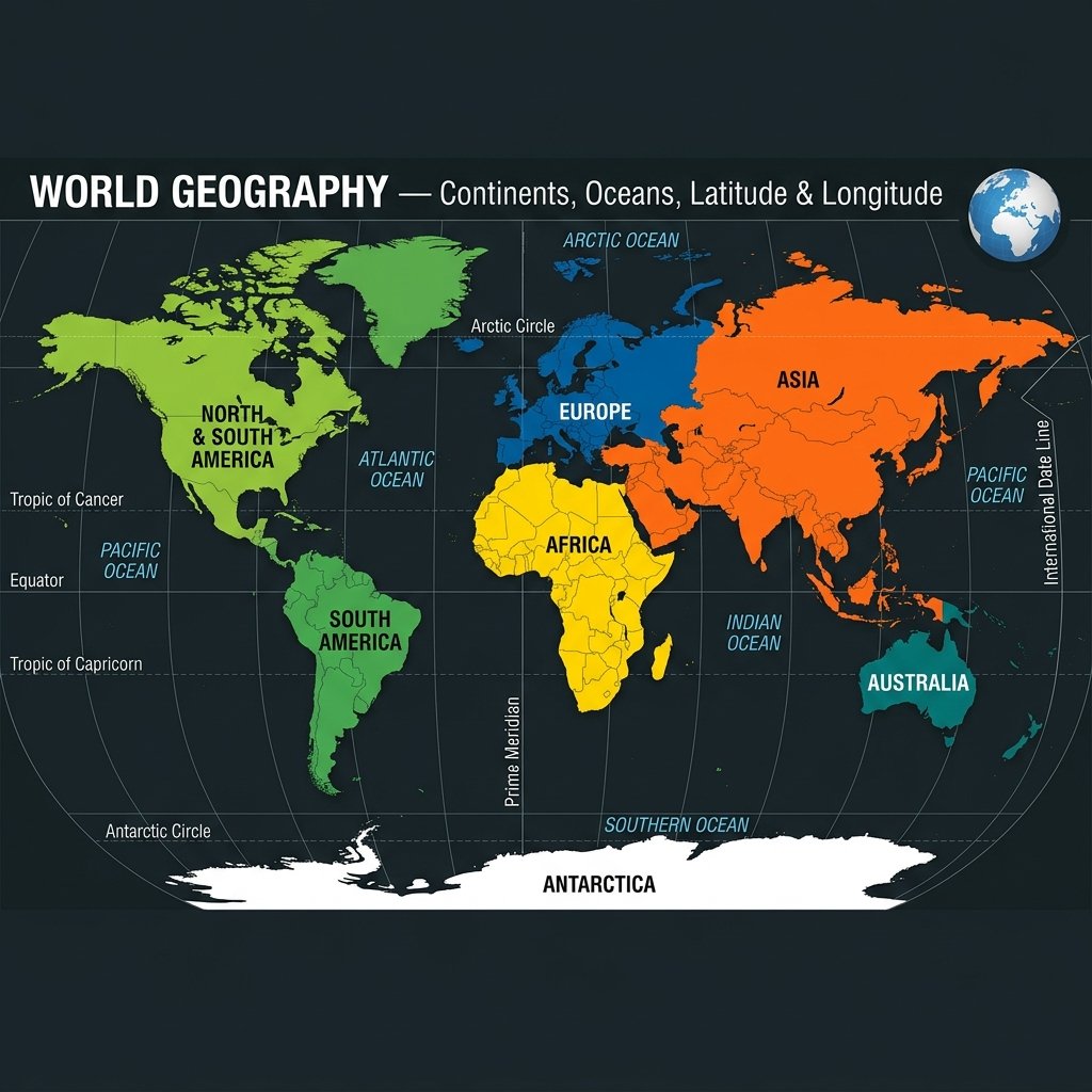 World Geography - Continents Oceans Latitude Longitude Important Lines