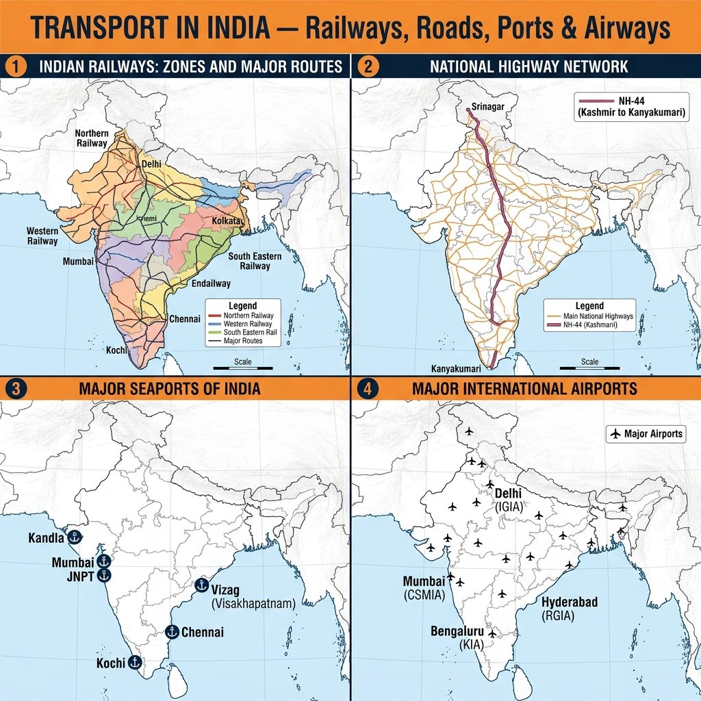 Transport in India β Railways, Roads, Ports, Airways & Waterways 2026 Transport in India - Railways Roads Ports Airways Waterways