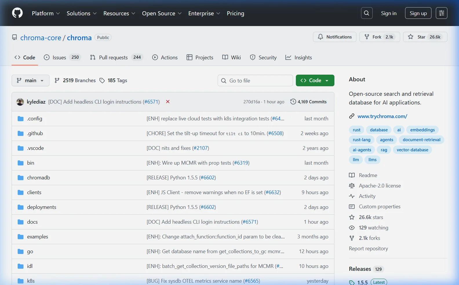 ChromaDB GitHub repository at github.com/chroma-core/chroma showing the open-source vector database project