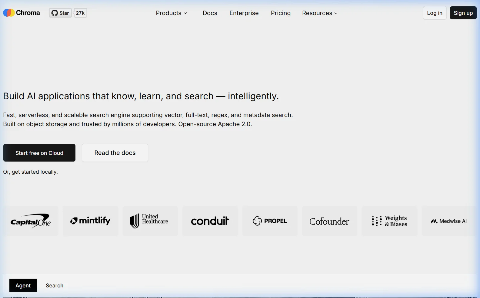 ChromaDB homepage at trychroma.com showing the open-source AI-native vector database
