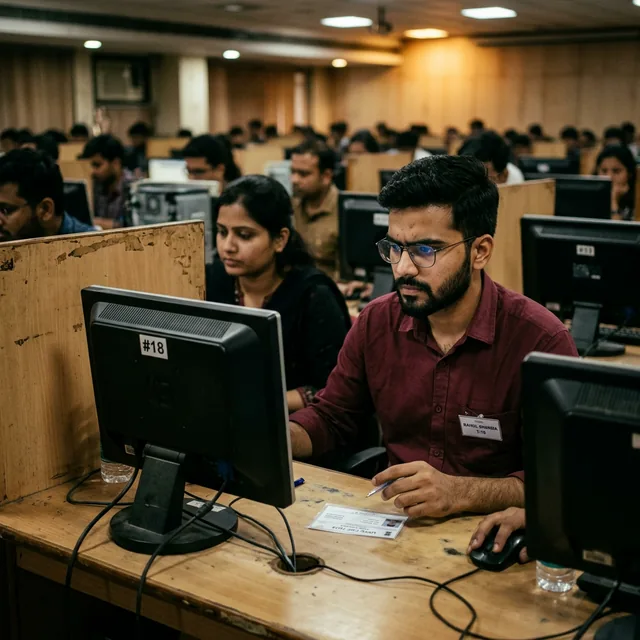 Indian student appearing in UPSC GSI Combined Geo-Scientist online CBT examination on computer