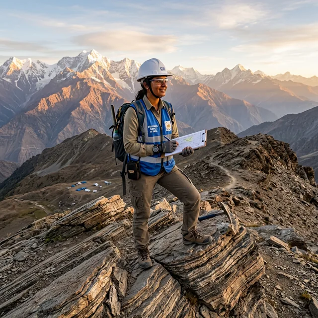 GSI geologist doing fieldwork on geological rock strata with mountains and sunrise in background