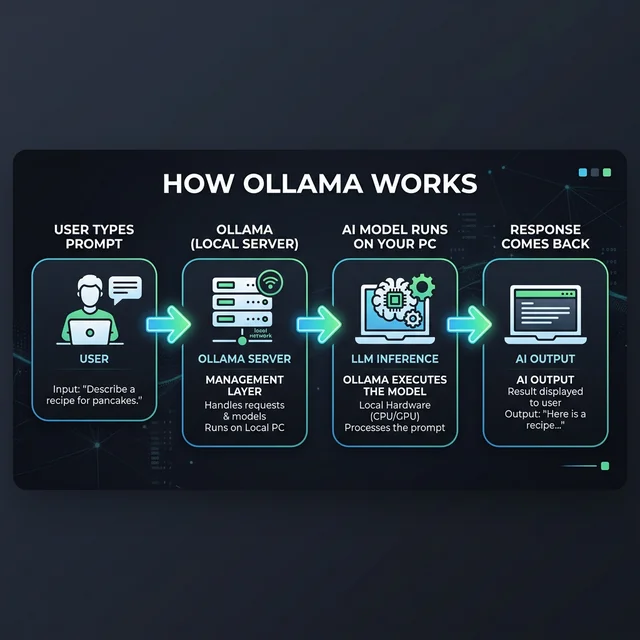How Ollama Works - Step by step diagram showing local AI processing flow