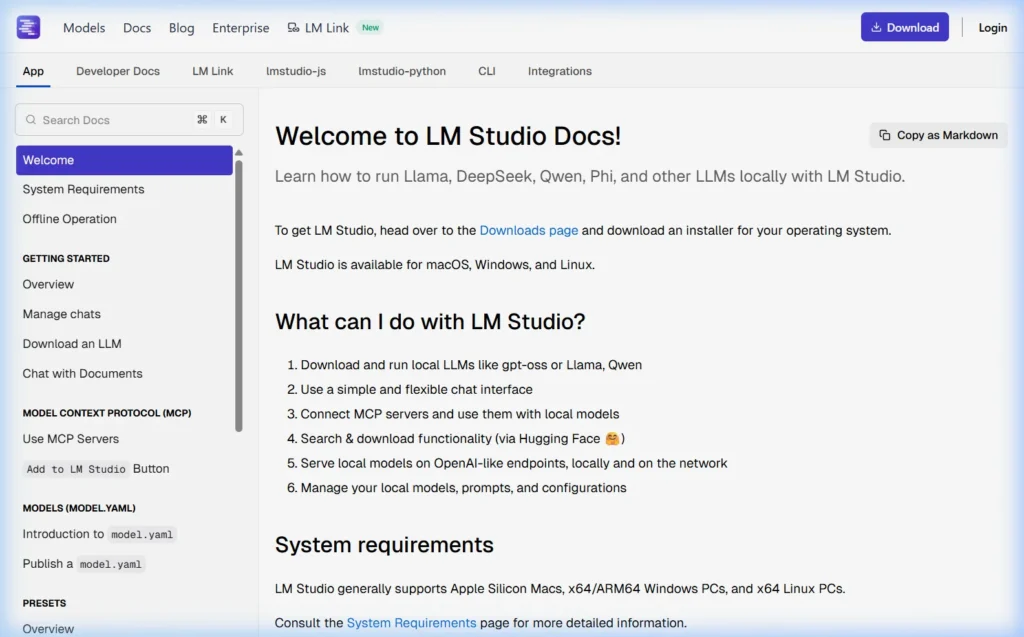 LM Studio documentation page showing features like model comparison and local server configuration