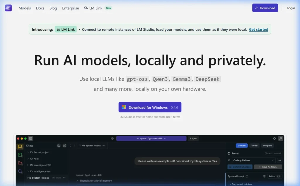 LM Studio official homepage at lmstudio.ai showing the desktop application for running local AI models