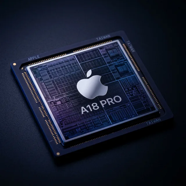 Close-up of the Apple A18 Pro chip on a dark background, showing the silicon die with Apple logo engraved, illuminated with dramatic blue and purple lighting to highlight the chip's transistor architecture and engineering precision