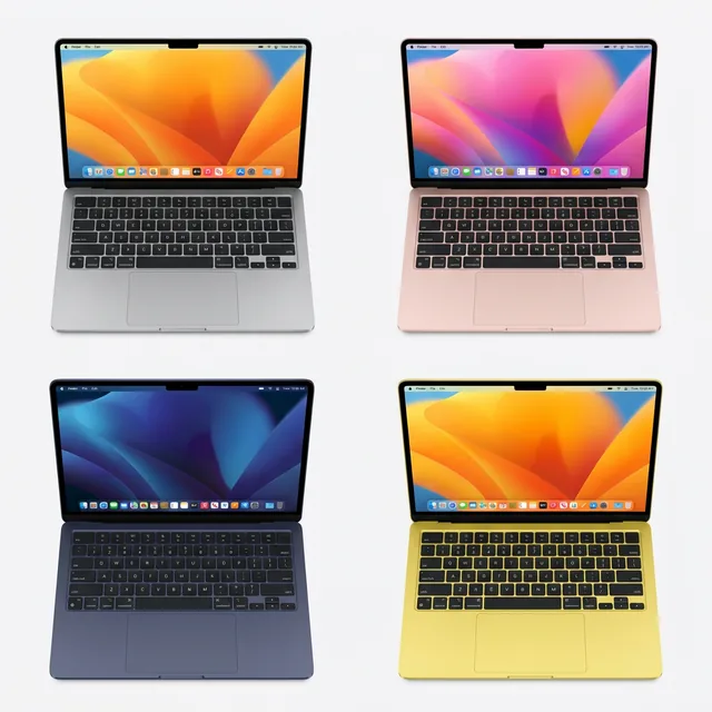 Four Apple MacBook Neo laptops arranged side by side showing all four available color options: Silver (metallic grey), Blush (soft rose pink), Indigo (deep blue-purple), and Citrus (bright yellow), each with a color-matched Magic Keyboard