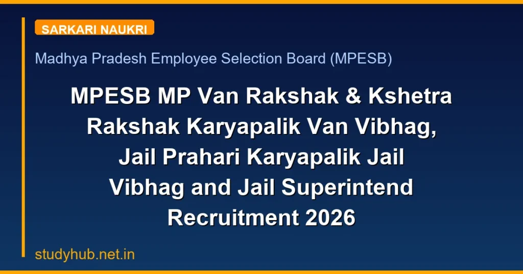MPESB MP Van Rakshak & Kshetra Rakshak Karyapalik Van Vibhag, Jail Prahari Karyapalik Jail Vibhag and Jail Superintend Recruitment 2026