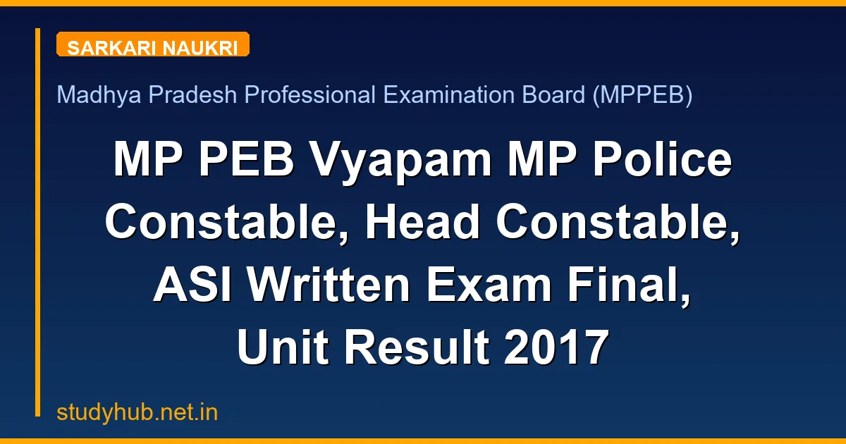 MP PEB Vyapam MP Police Constable, Head Constable, ASI Written Exam Final, Unit Result 2017