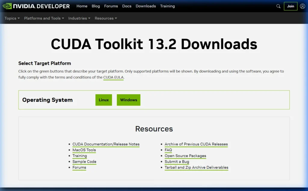 NVIDIA CUDA downloads page at developer.nvidia.com/cuda-downloads for installing CUDA toolkit on Windows