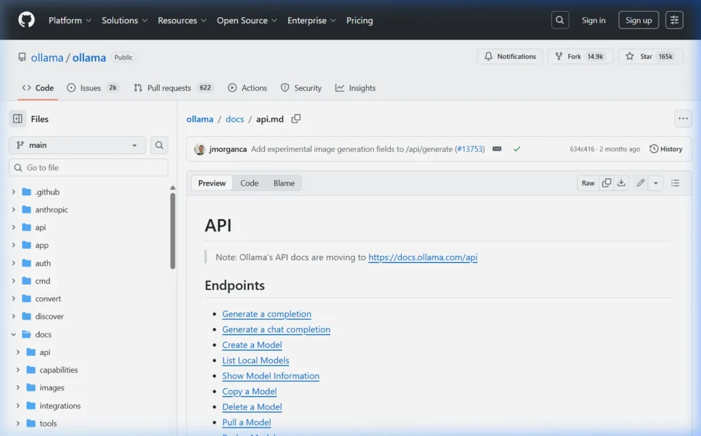 Ollama API documentation on GitHub showing all available endpoints and request formatsOllama API documentation on GitHub showing all available endpoints and request formats