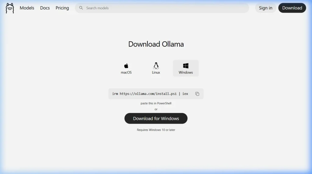 Ollama official Windows download page for clean reinstallation