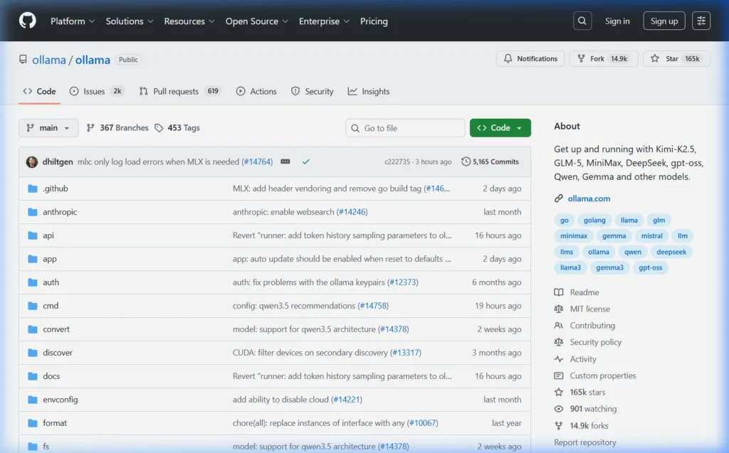 Ollama GitHub repository showing the official codebase with Linux GPU support documentation