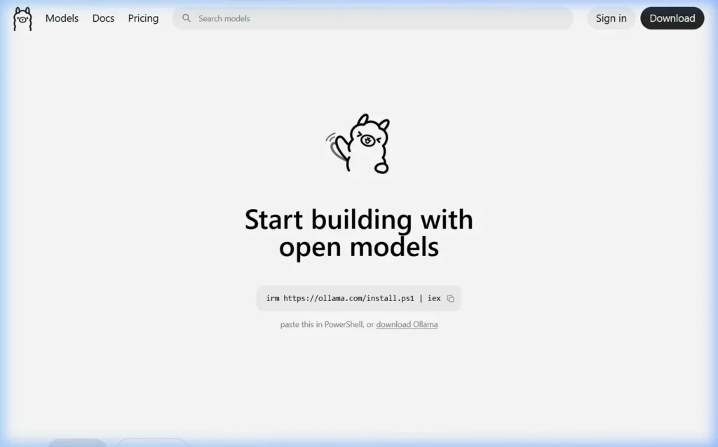Ollama official homepage at ollama.com showing the open-source local AI runtime