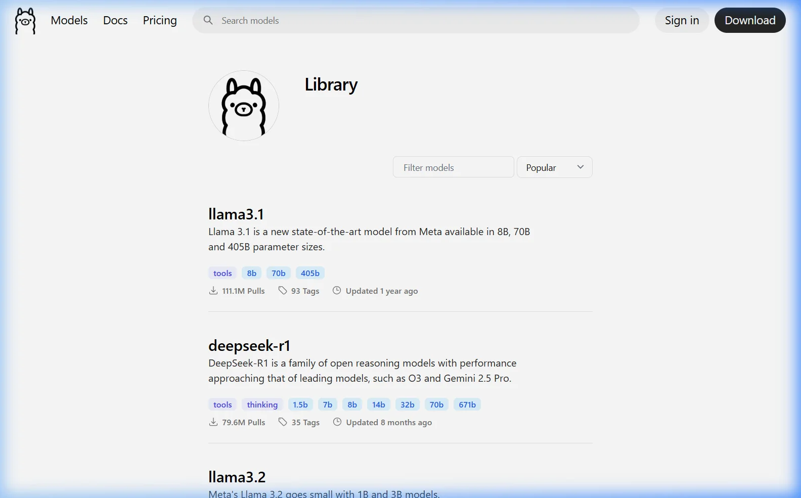 Ollama model library at ollama.com/library — any model here can be used as a base for a custom Modelfile