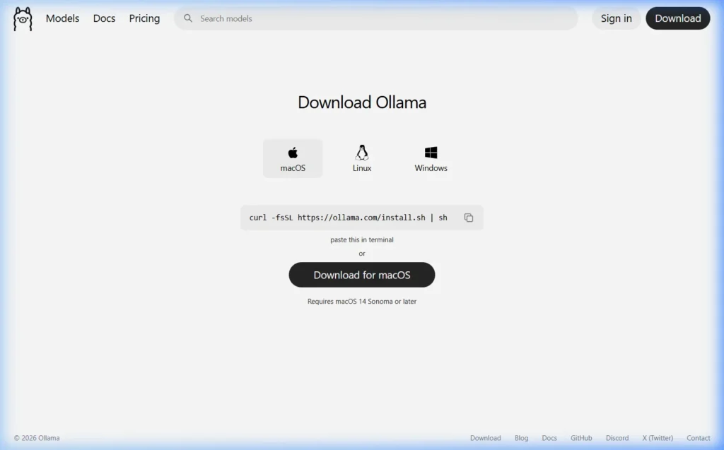 Official Ollama download page showing macOS download option and the Download for macOS button at ollama.com/download