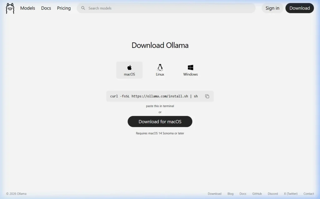 Ollama macOS installation page showing terminal command and download options