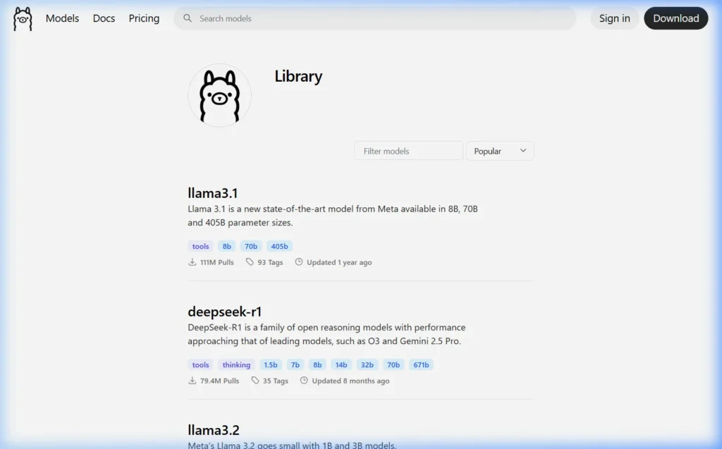 Ollama model library page at ollama.com/library showing all available models