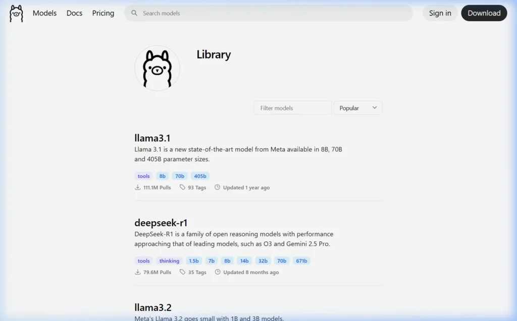 Ollama model library showing all available models that can be used with the API