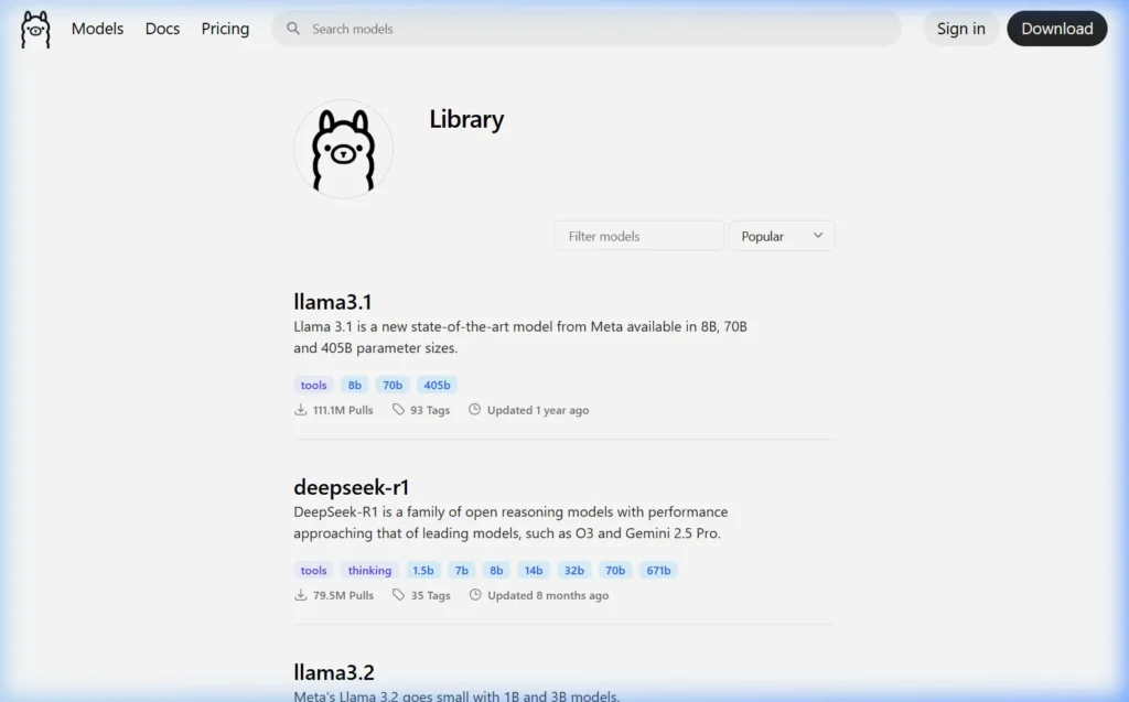Ollama model library at ollama.com/library showing all available AI models for Mac