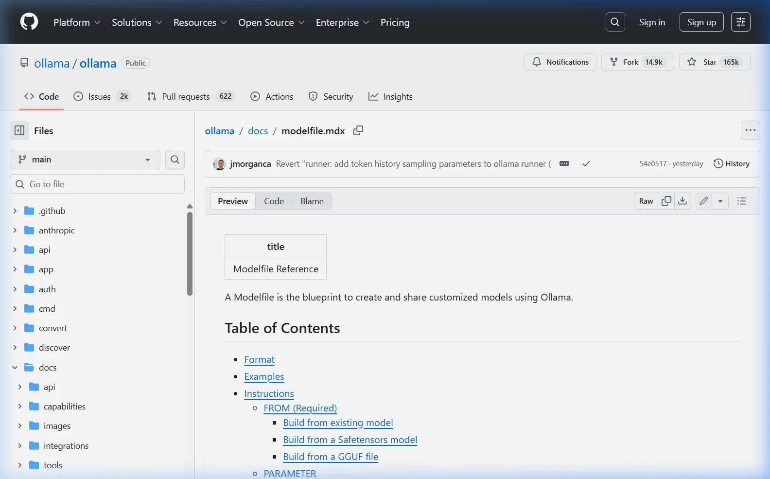 Ollama Modelfile official documentation on GitHub showing all available instructions and parameters
