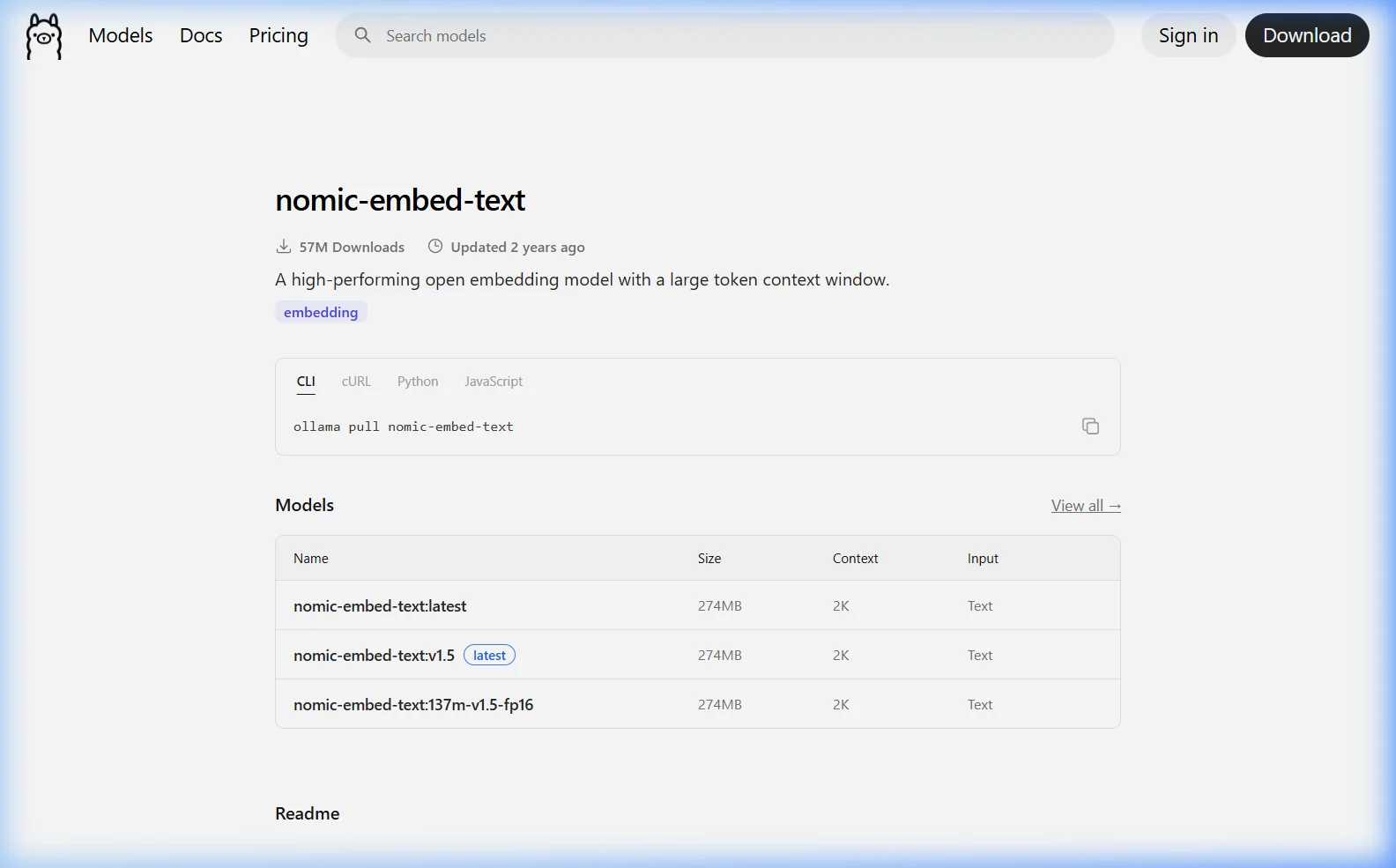 nomic-embed-text model page on ollama.com showing a 274MB embedding model with 768 dimensions
