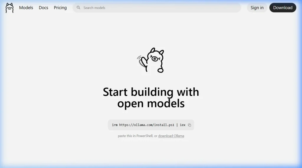 Ollama official website homepage showing the tagline Start building with open models at ollama.com