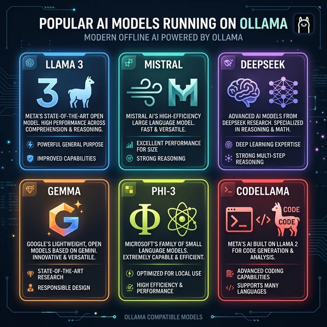 Popular AI models supported by Ollama including Llama 3, DeepSeek, Mistral, Gemma and Phi-3