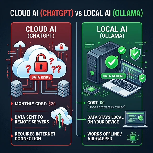 Ollama vs Cloud AI (ChatGPT) comparison showing cost, privacy and offline benefits