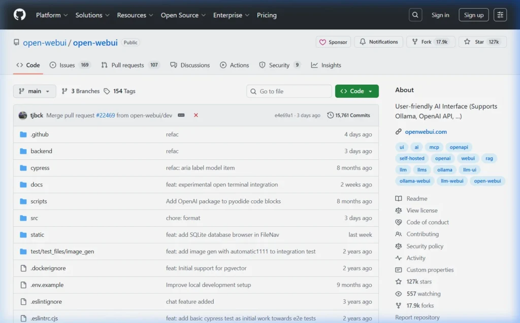 Open WebUI GitHub repository showing 90,000+ stars and active development community