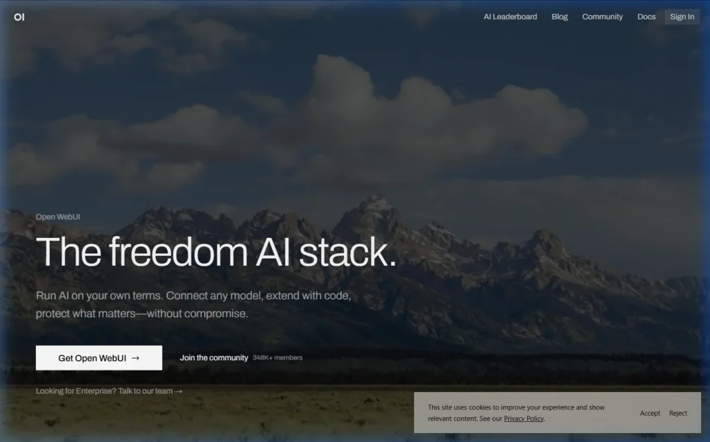 Open WebUI official homepage at openwebui.com showing the ChatGPT-style interface for local AI models