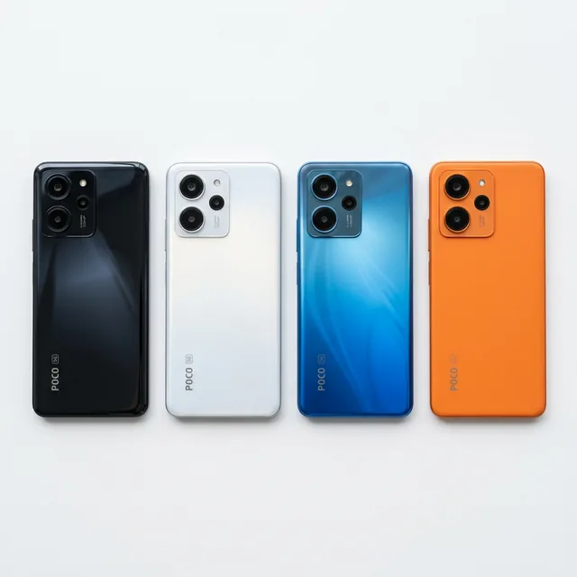 POCO X8 Pro in four color variants: Midnight Black, Arctic White, Ocean Blue, and Sunset Orange