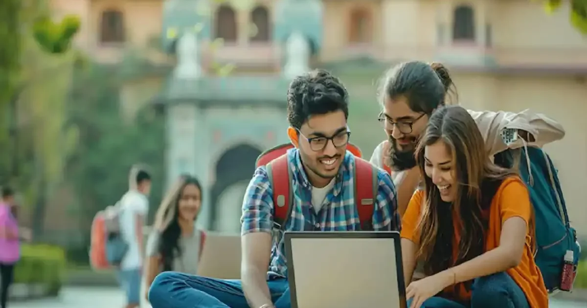 A happy student checking the RBSE 10th Result 2026 on a laptop, feeling relieved and successful.