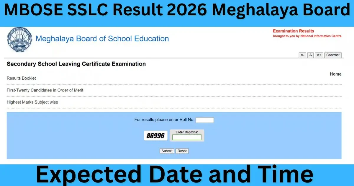 Student looking at a computer screen displaying the MBOSE SSLC Result 2026 page from the Meghalaya Board.