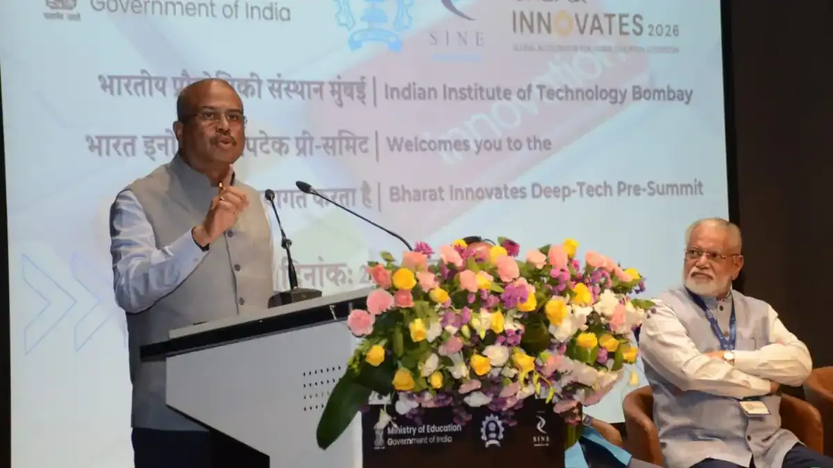 India's Tech Takes World Stage! Big News for Innovators Union Education Minister Dharmendra Pradhan speaking at the Bharat Innovates deep-tech pre-summit at IIT Bombay, highlighting India's startup ecosystem.