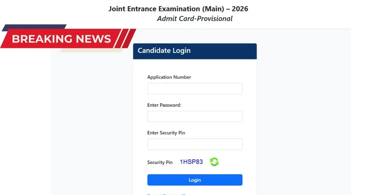 A focused engineering student downloading the JEE Main 2026 Session 2 admit card on a laptop, with the StudyHub logo visible.