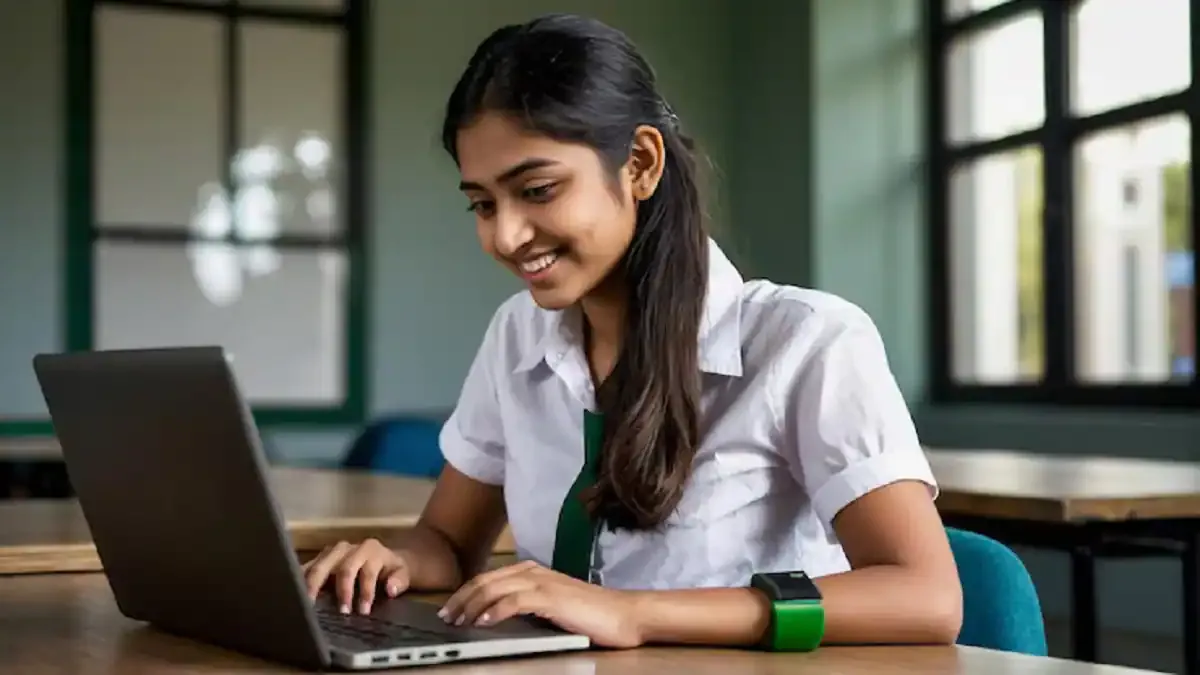 A student anxiously checking their RBSE 10th Result 2026 on a laptop screen with the StudyHub logo visible.