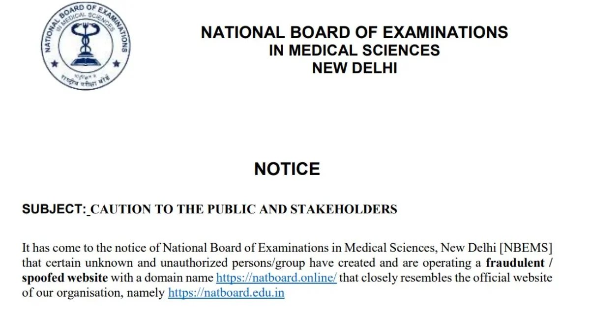 A warning alert graphic related to NBEMS's fake website advisory.