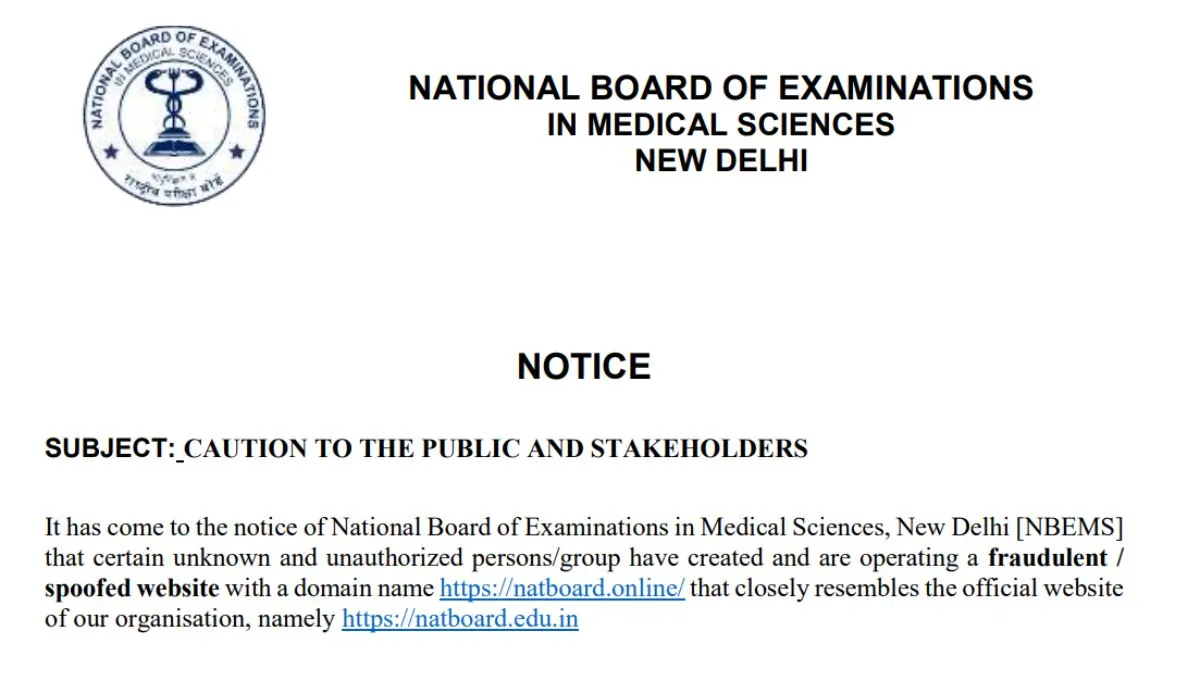 A warning alert graphic related to NBEMS's fake website advisory.