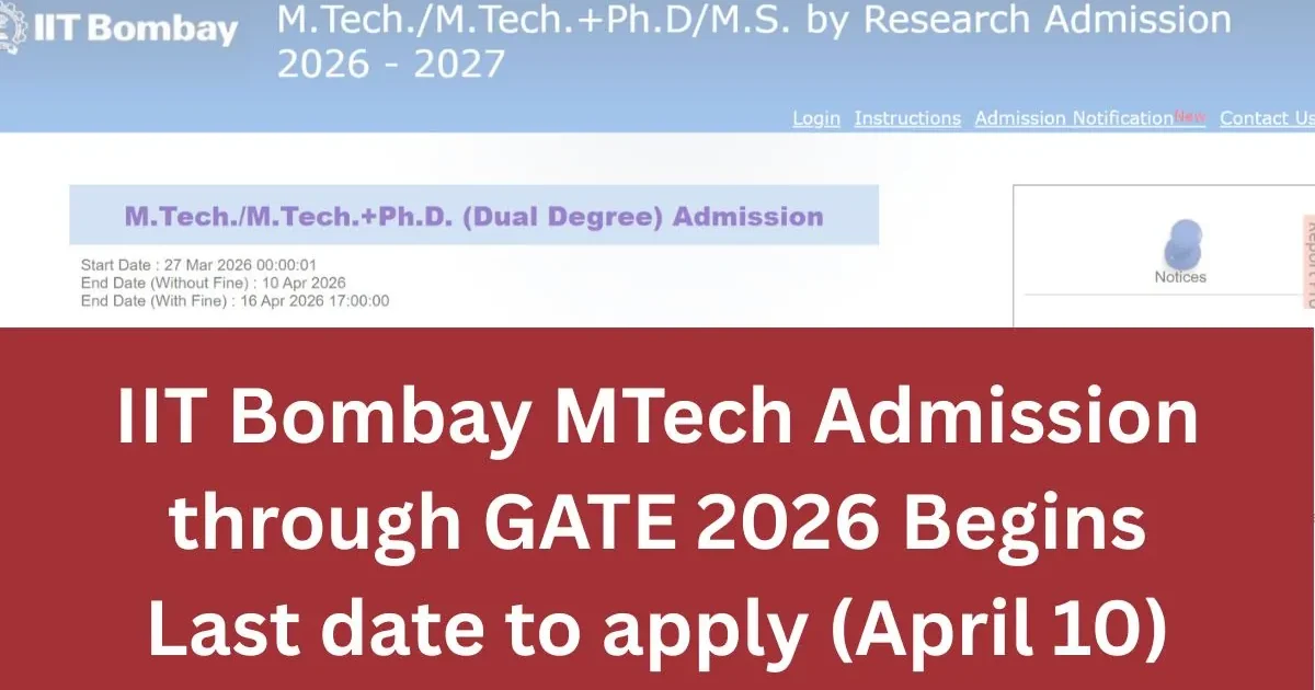 The iconic main building of the Indian Institute of Technology (IIT) Bombay, with students on campus, signifying the start of the M.Tech admission season 2026.